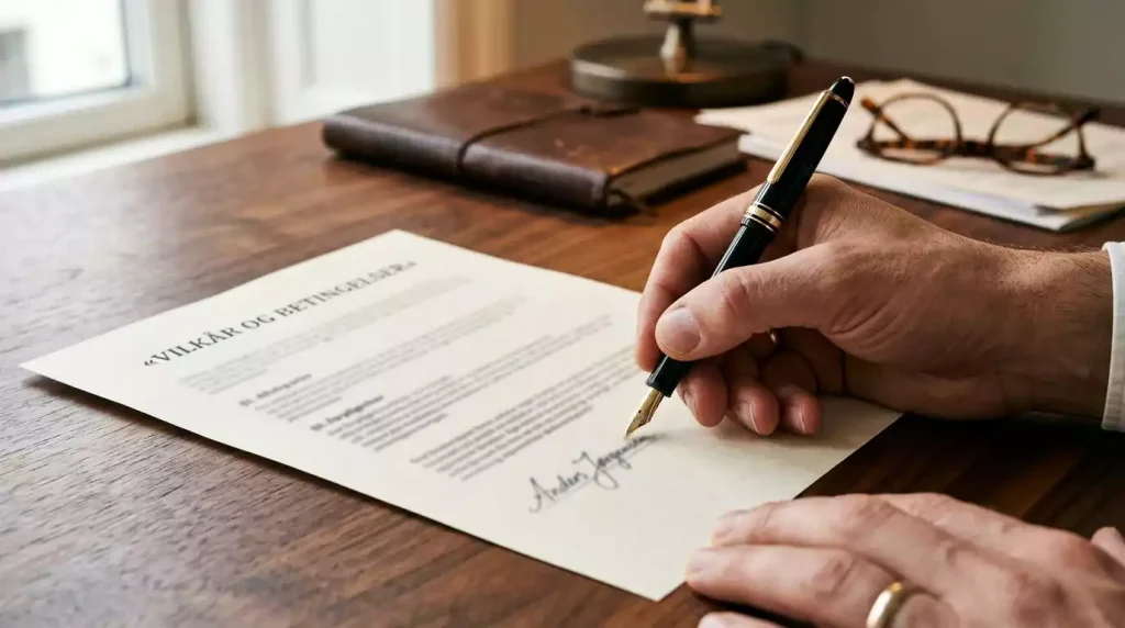 Officielt dansk licensdokument med embossed segl på et mørkt egetræ-skrivebord