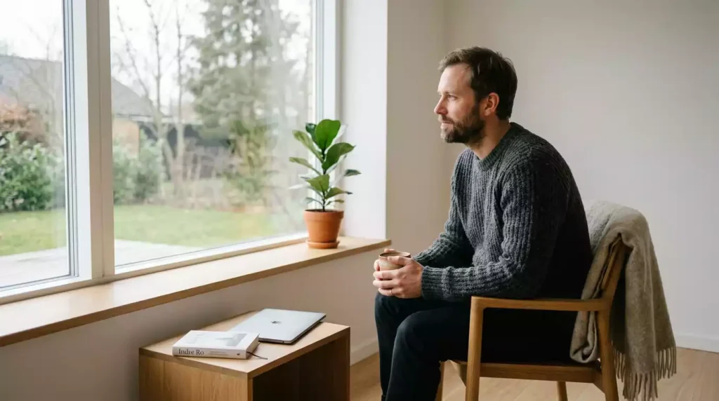 Mand der sidder roligt ved et vindue med en kop kaffe i et skandinavisk hjem