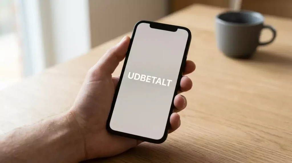 Hånd der holder en smartphone med en udbetalingsbekræftelse over et lyst trækskrivebord